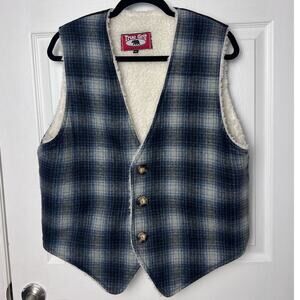 True Grit Vintage Vest 100% Wool Lined Blue Plaid Vest Button Closure Size XL